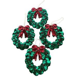 Hand Beaded Holly Ribbon Wreath Ornament Set of 4 - Henry Handwork - 2 Sided